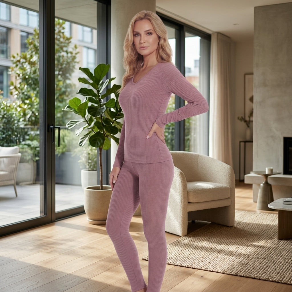 Completo termico da donna a coste con scollo a V e maniche lunghe