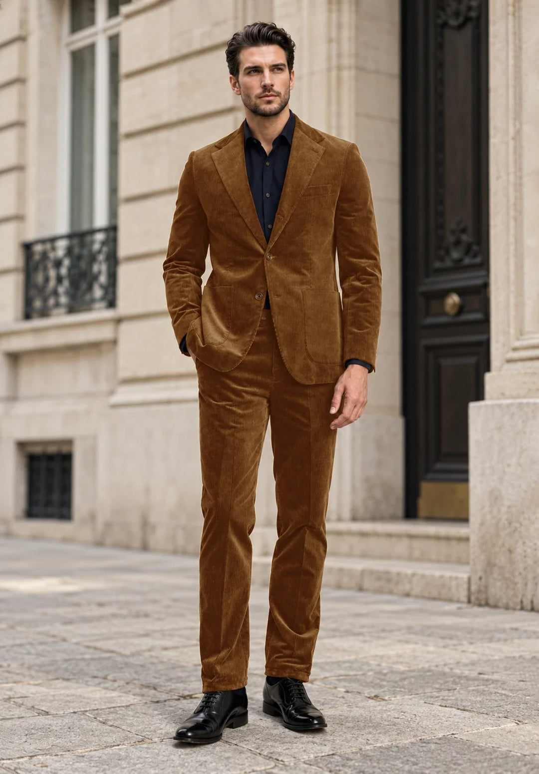 Abito da uomo a due pezzi slim fit in velluto a coste con revers a lancia e taschino sul petto
