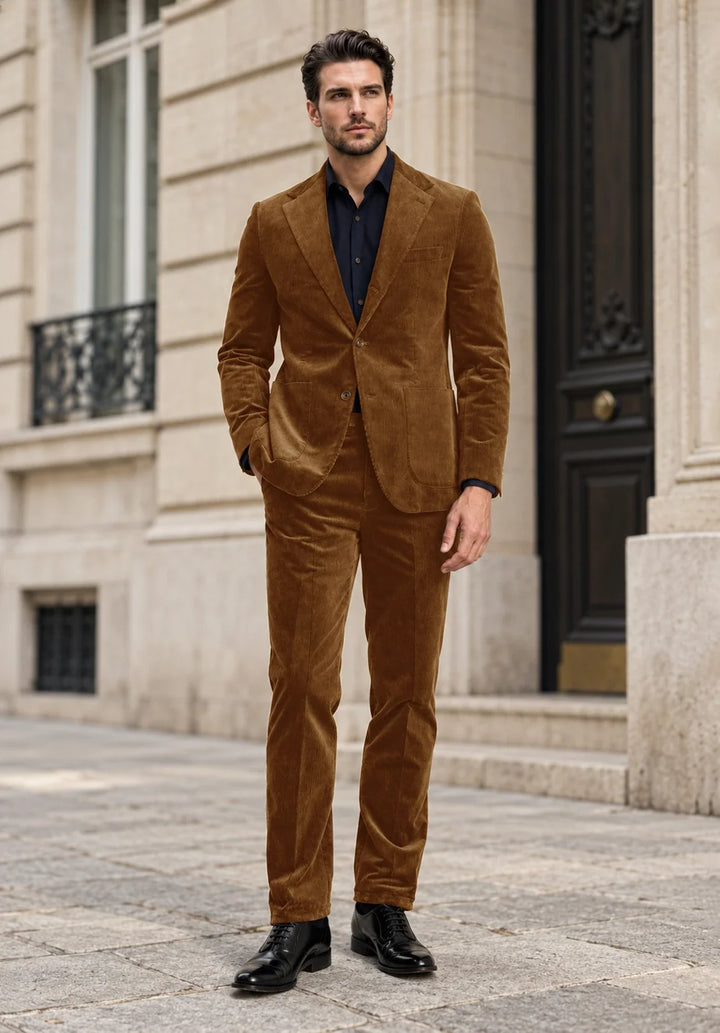 Abito da uomo a due pezzi slim fit in velluto a coste con revers a lancia e taschino sul petto
