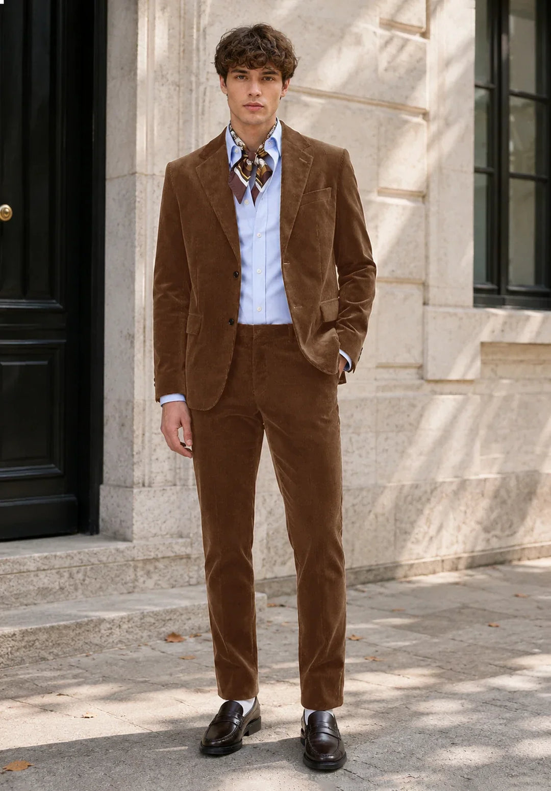 Slim fit-jakkesæt i to dele til mænd i fløjl med hakket revers og påsatte lommer