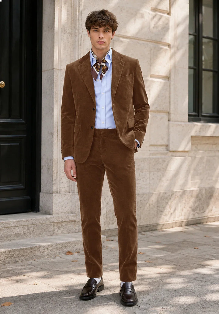 Slim fit-jakkesæt i to dele til mænd i fløjl med hakket revers og påsatte lommer
