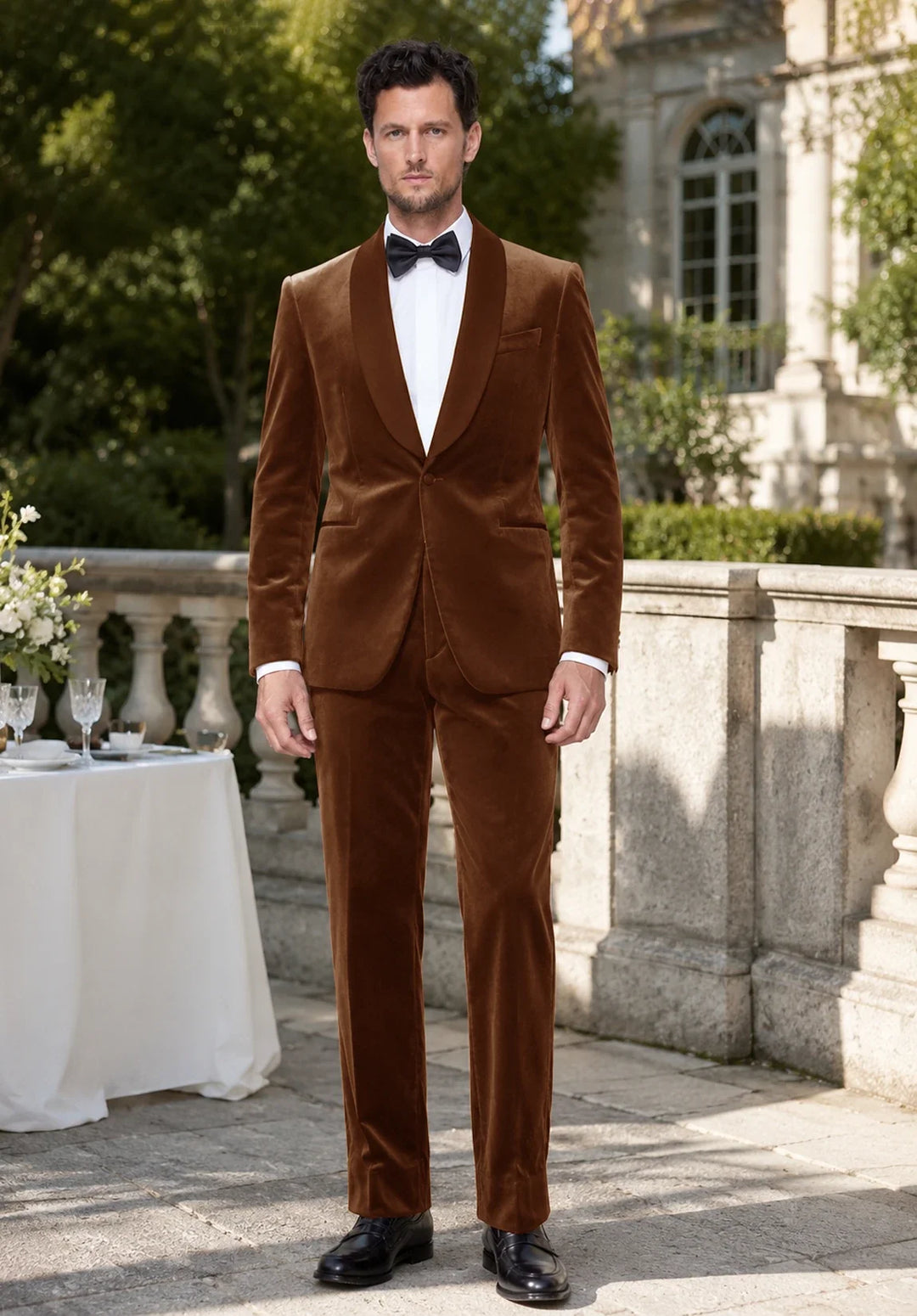 Slim fit-smoking i to dele til mænd i velour med spids revers