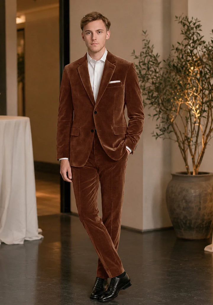 Men's Regular-Fit Two-Piece Velvet Suit with Notch Lapel and Patch Pockets
