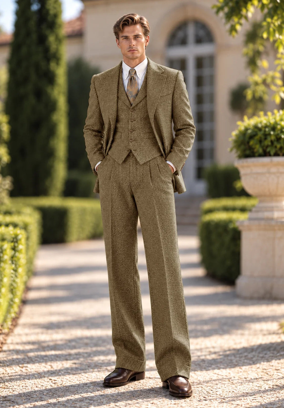 Costume Trois Pièces Homme Coupe Moderne en Chevrons avec Gilet Assorti