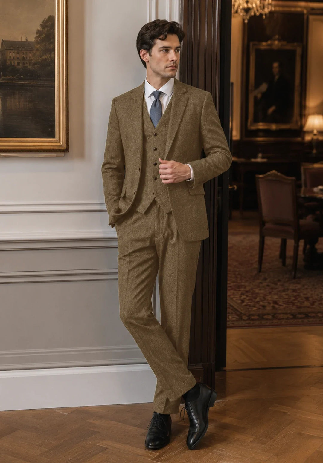 Costume Trois Pièces Homme Coupe Regular en Chevrons avec Col Notch Classique et Gilet Assorti