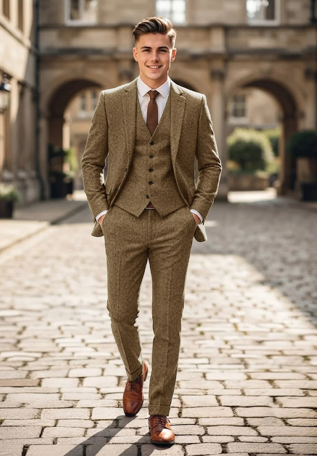 Costume Trois Pièces Homme Coupe Classique en Chevrons avec Col Notch et Gilet Cinq Boutons