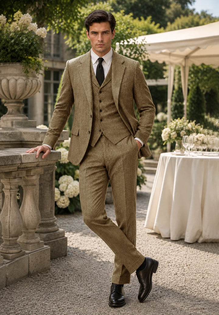 Costume Trois Pièces Homme Coupe Slim en Chevrons avec Col Notch et Gilet Assorti