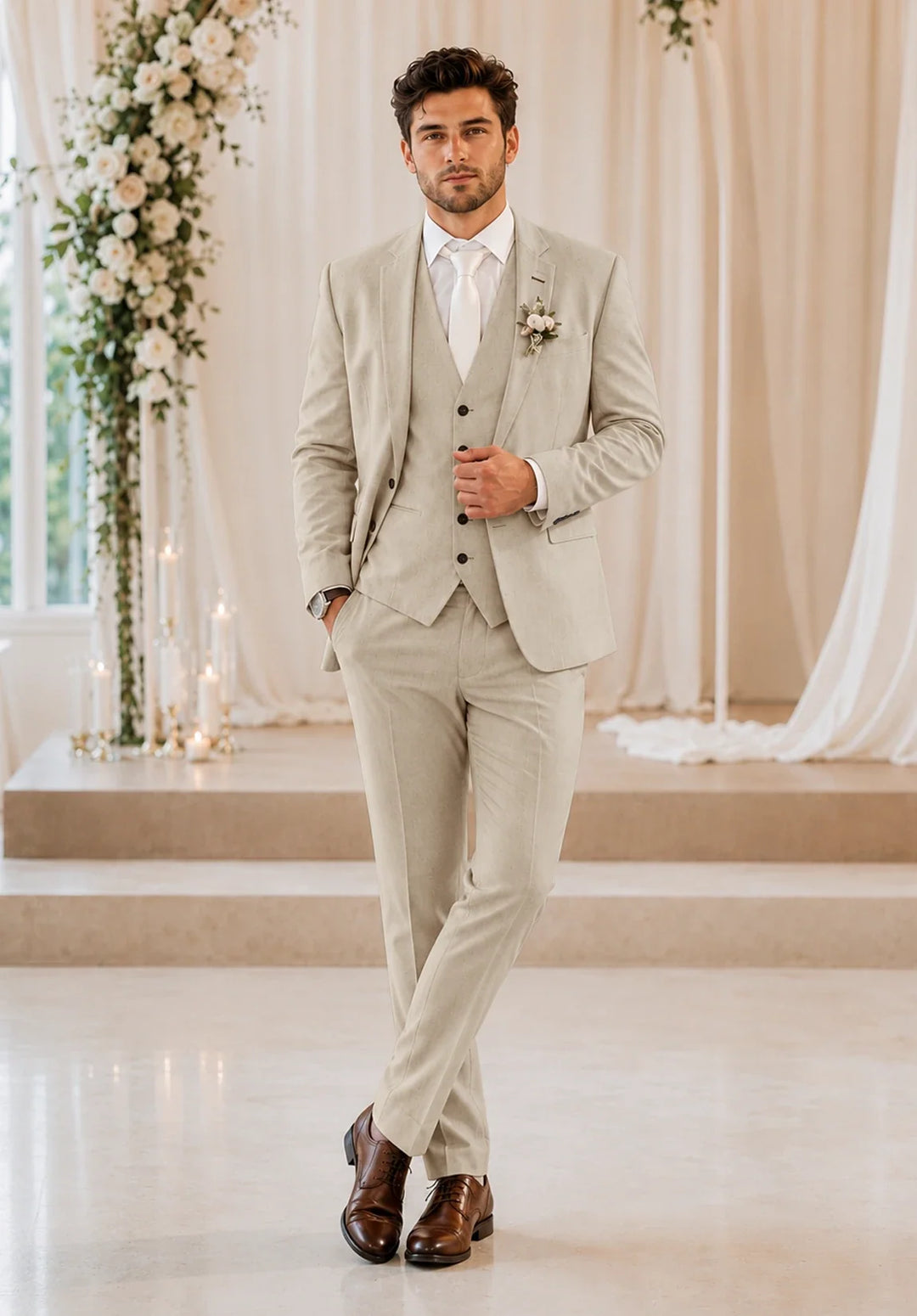 Men's Slim-Fit Three-Piece Suit in a Linen Blend with Notch Lapel and Five-Button Vest
