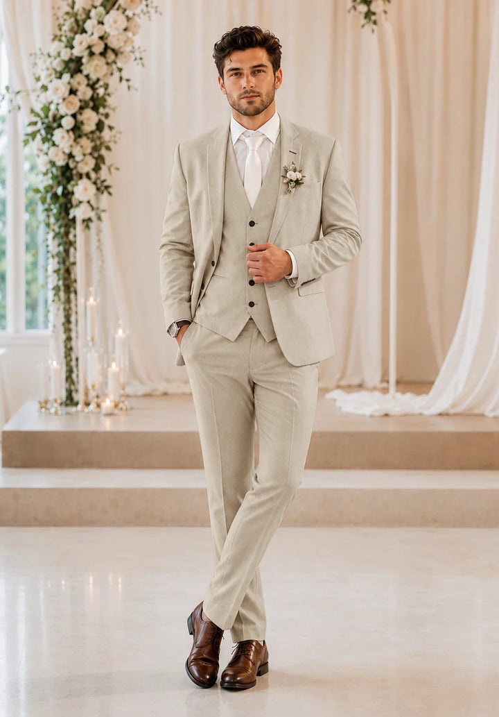 Men's Slim-Fit Three-Piece Suit in a Linen Blend with Notch Lapel and Five-Button Vest