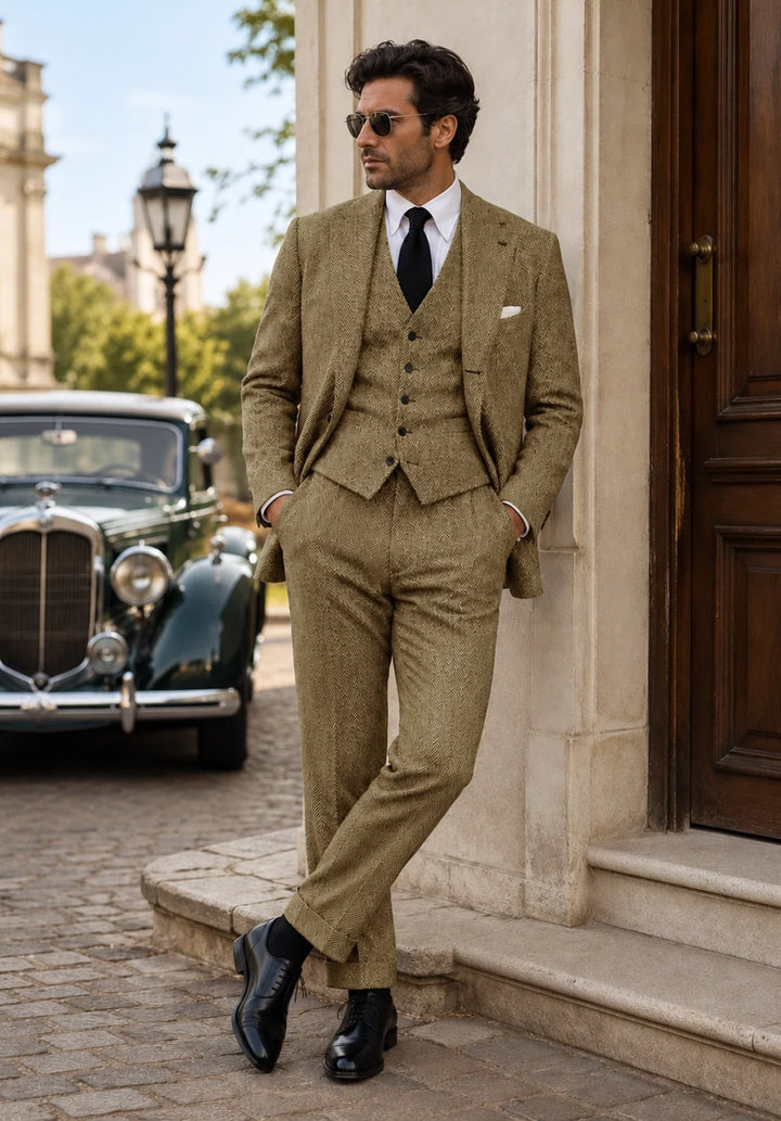 Costume Trois Pièces Homme Coupe Regular en Chevrons avec Gilet et Pantalon Assortis