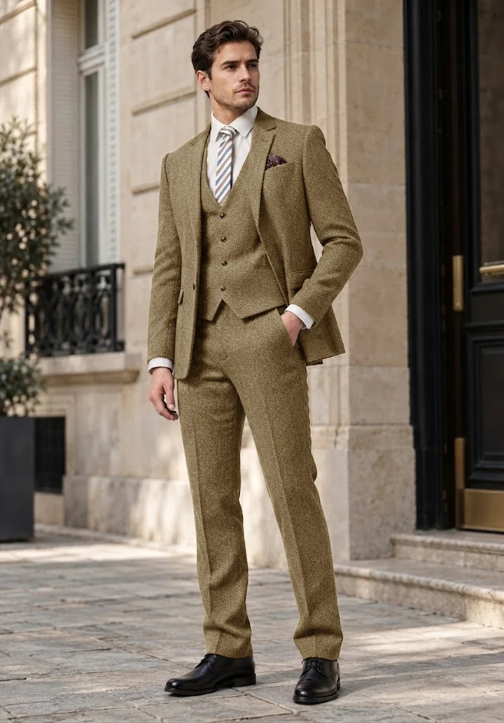 Costume Trois Pièces Homme Coupe Regular en Chevrons avec Gilet Boutonné