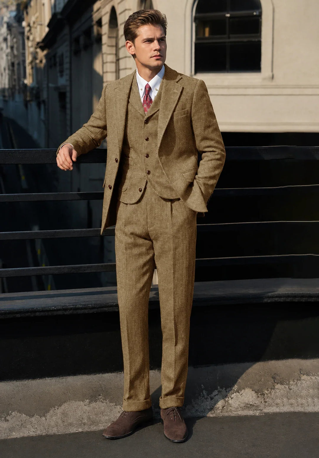 Costume Trois Pièces Homme Coupe Slim en Chevrons avec Ourlets Retroussés et Gilet Boutonné