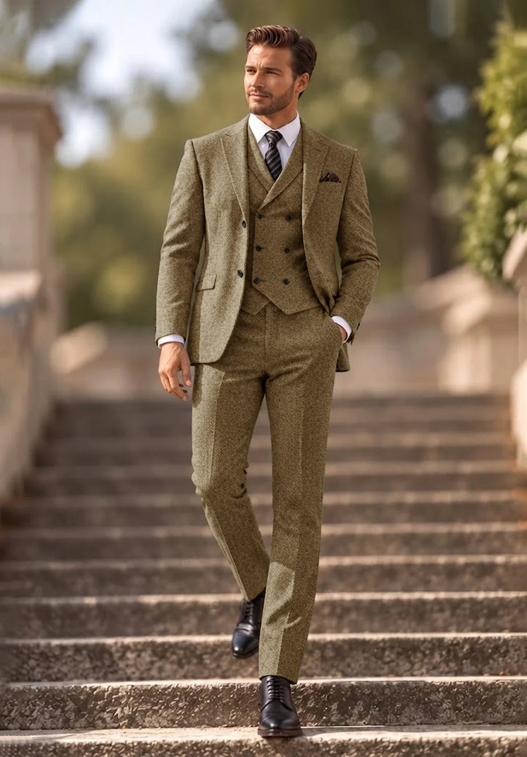 Herenkostuum in drie delen met slim fit in visgraatmotief, met double-breasted vest