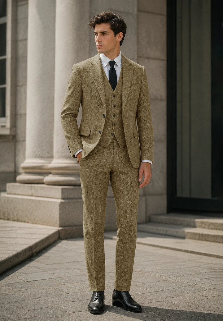 Costume Trois Pièces Homme Coupe Slim en Chevrons avec Col Notch et Gilet Cinq Boutons