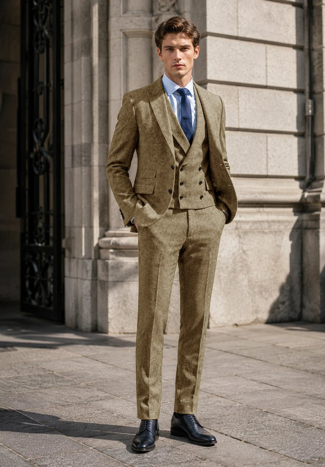 Abito da uomo a tre pezzi slim fit con motivo a spina di pesce, rever a lancia e gilet doppiopetto