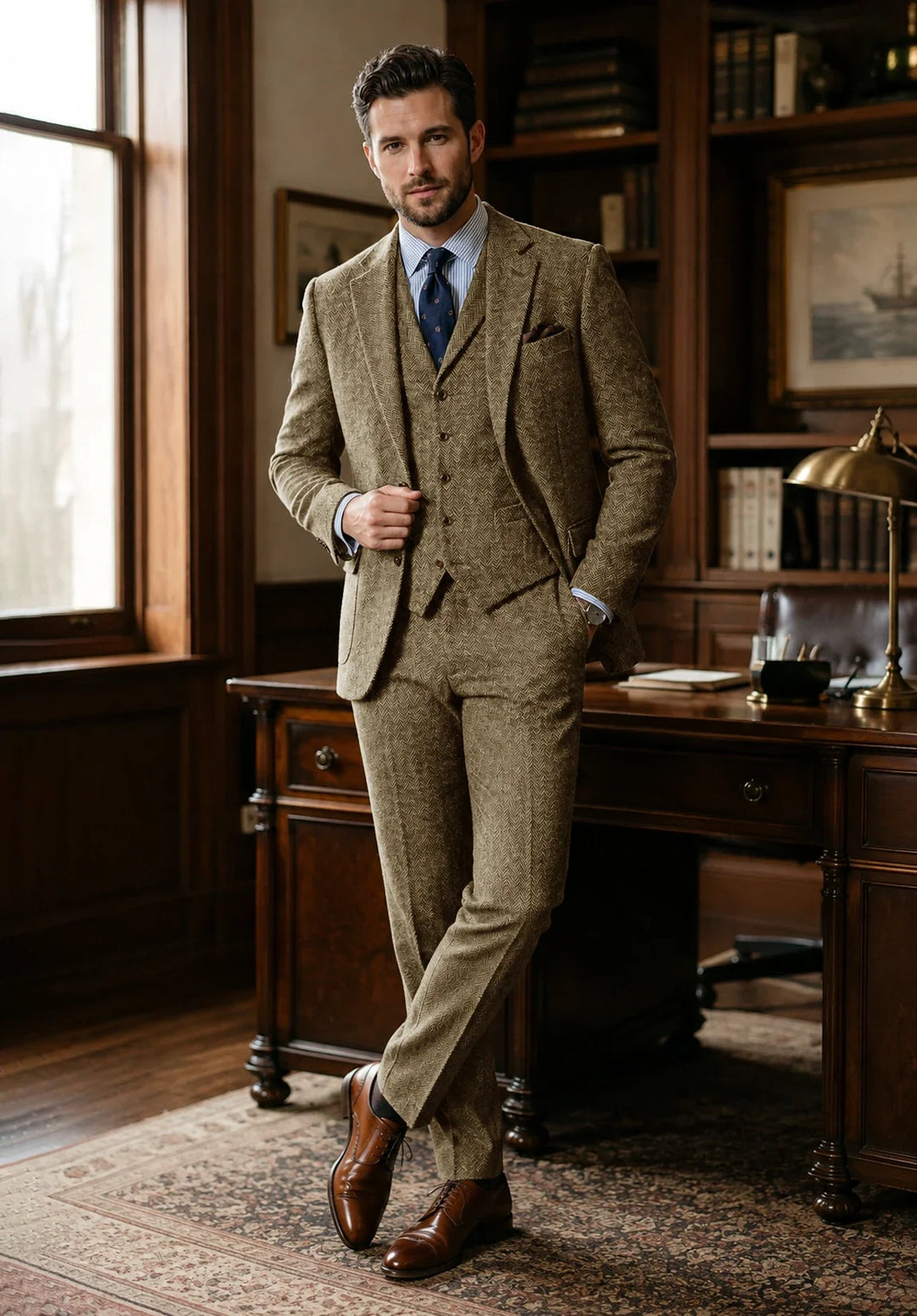 Costume Trois Pièces Homme Coupe Classique en Chevrons avec Gilet Boutonné