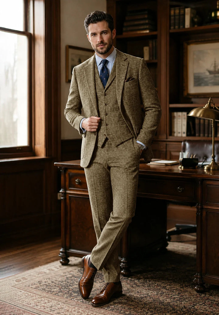 Costume Trois Pièces Homme Coupe Classique en Chevrons avec Gilet Boutonné