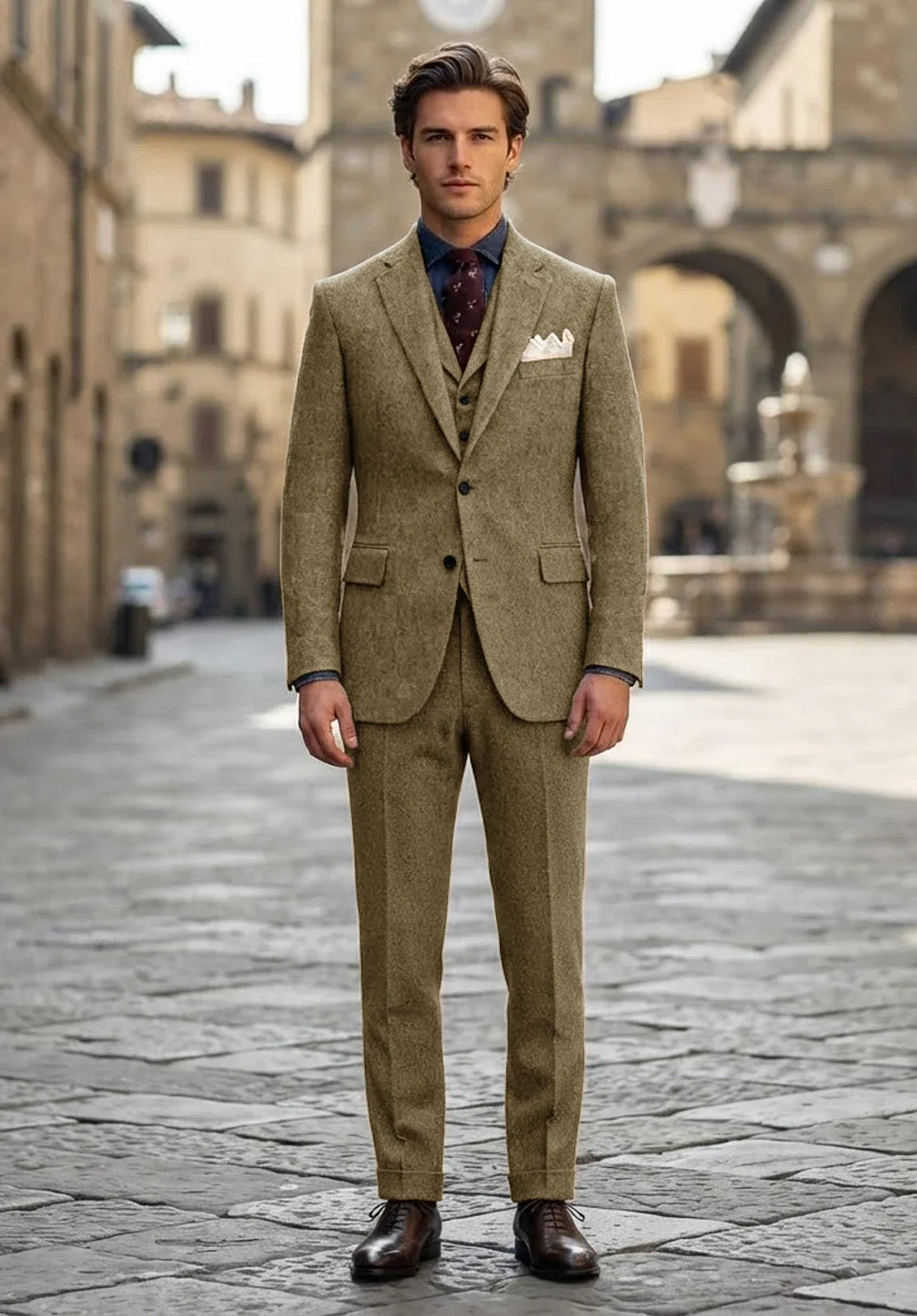Costume Trois Pièces Homme Coupe Slim en Chevrons avec Col Notch et Poche Poitrine