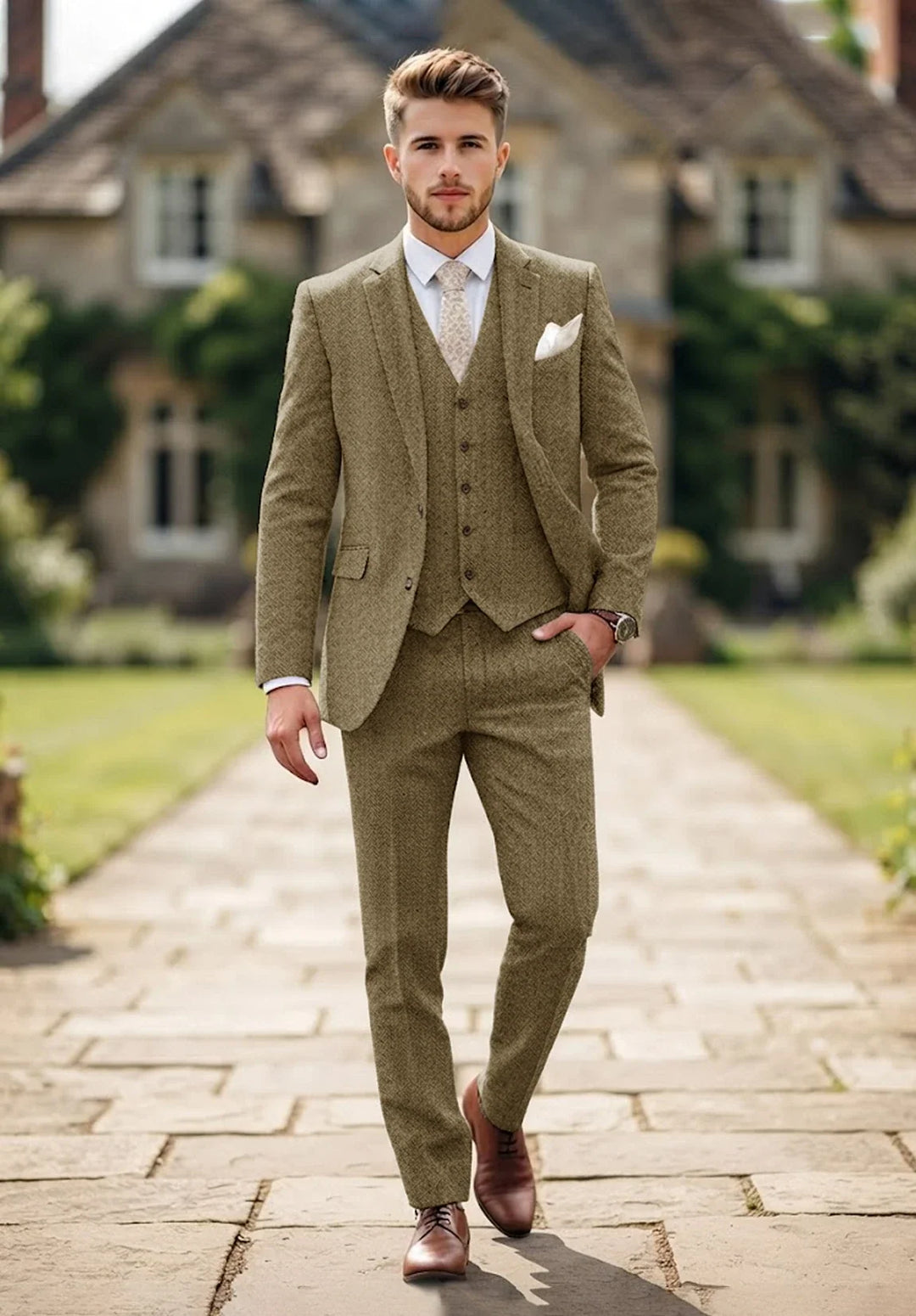 Costume Trois Pièces Homme Coupe Regular en Chevrons avec Col Notch et Poches à Rabat