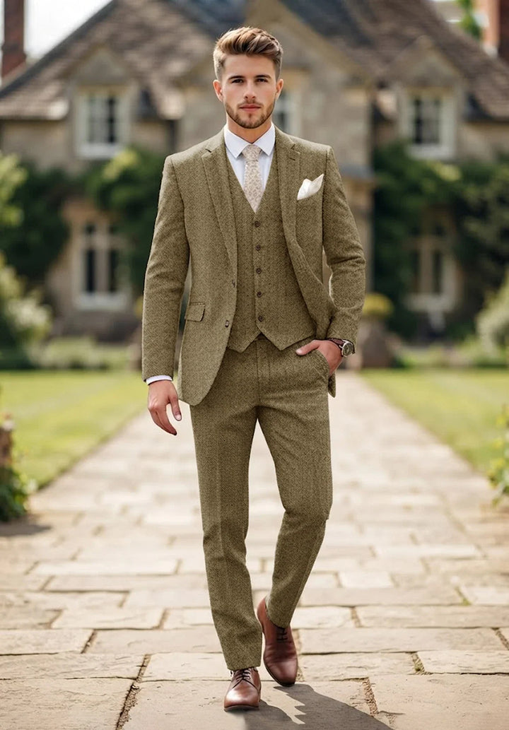 Costume Trois Pièces Homme Coupe Regular en Chevrons avec Col Notch et Poches à Rabat