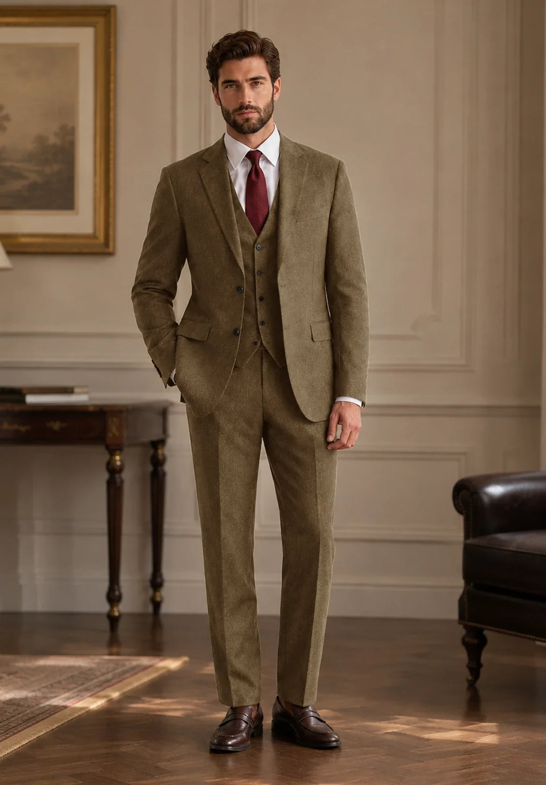 Men’s Regular-Fit Three-Piece Herringbone Suit with Buttoned Vest