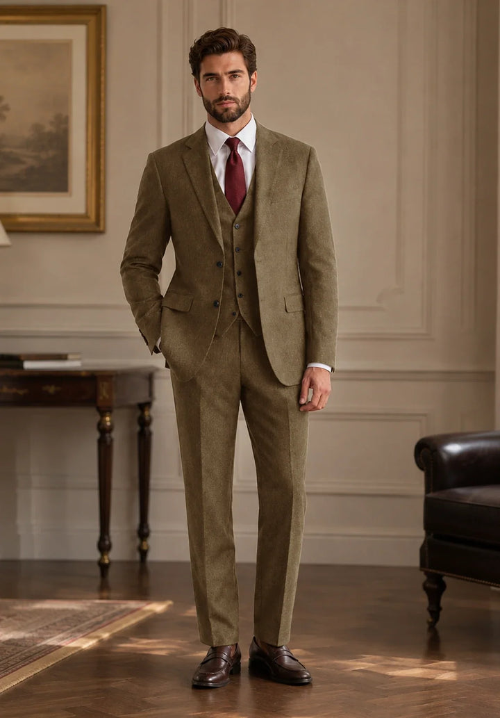 Men’s Regular-Fit Three-Piece Herringbone Suit with Buttoned Vest