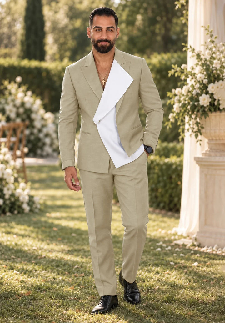 Costume Deux Pièces Homme Coupe Regular avec Panneau Blanc Asymétrique et Col Châle
