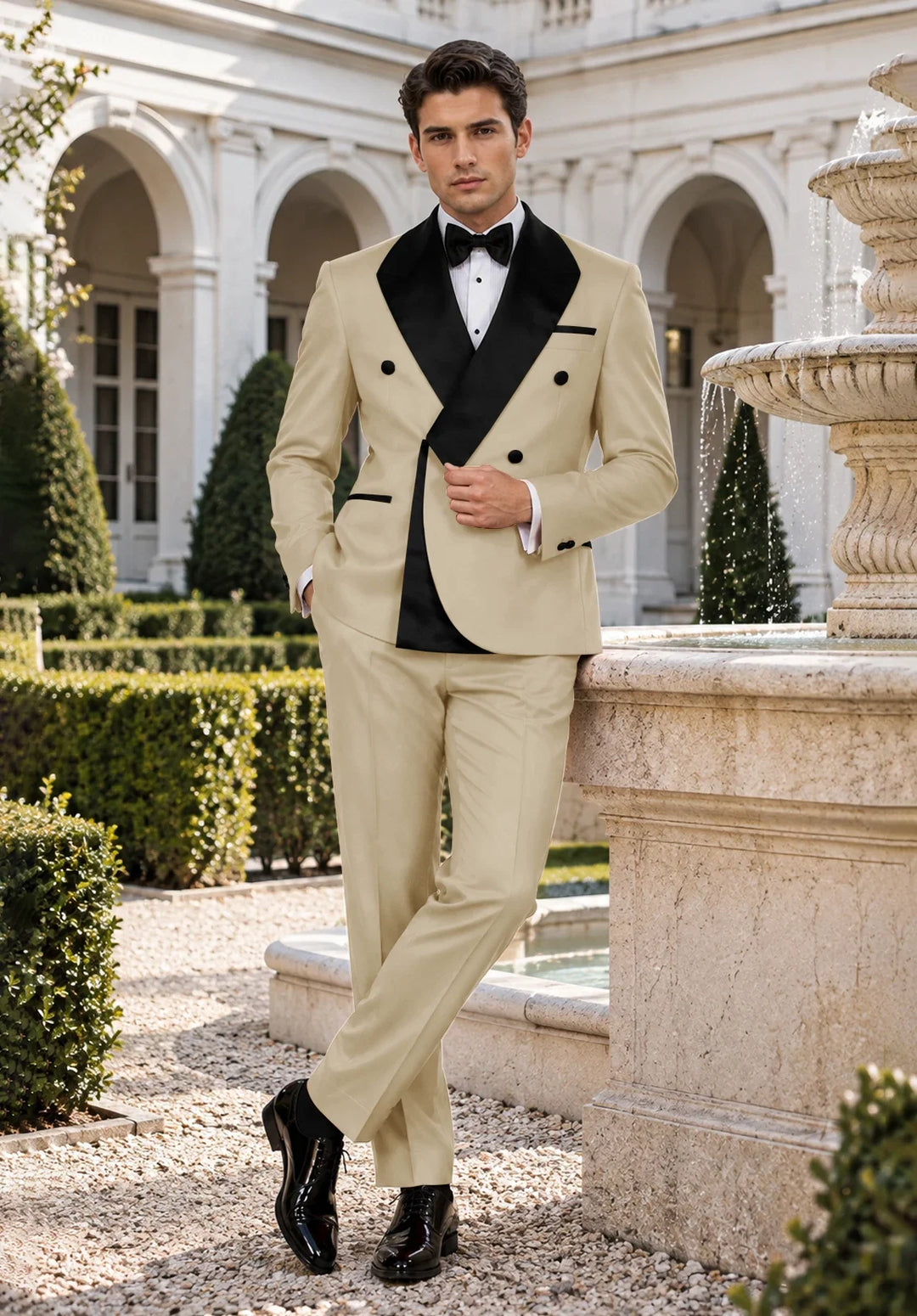 Men's Slim-Fit Double-Breasted Two-Piece Tuxedo Suit with Contrasting Lapel