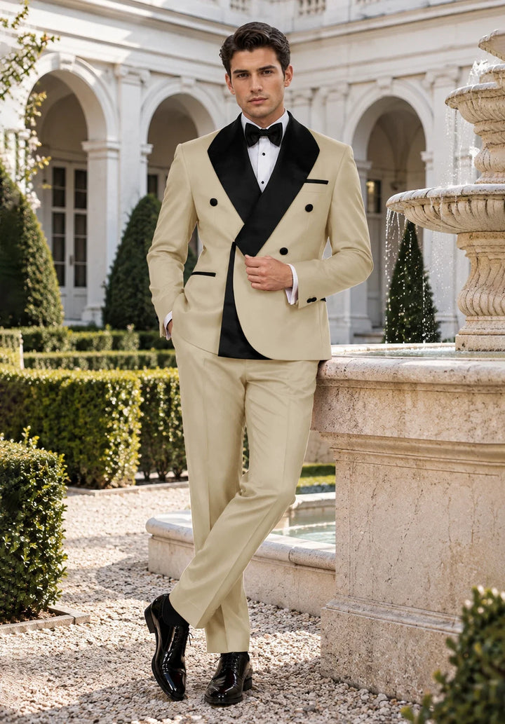 Men's Slim-Fit Double-Breasted Two-Piece Tuxedo Suit with Contrasting Lapel