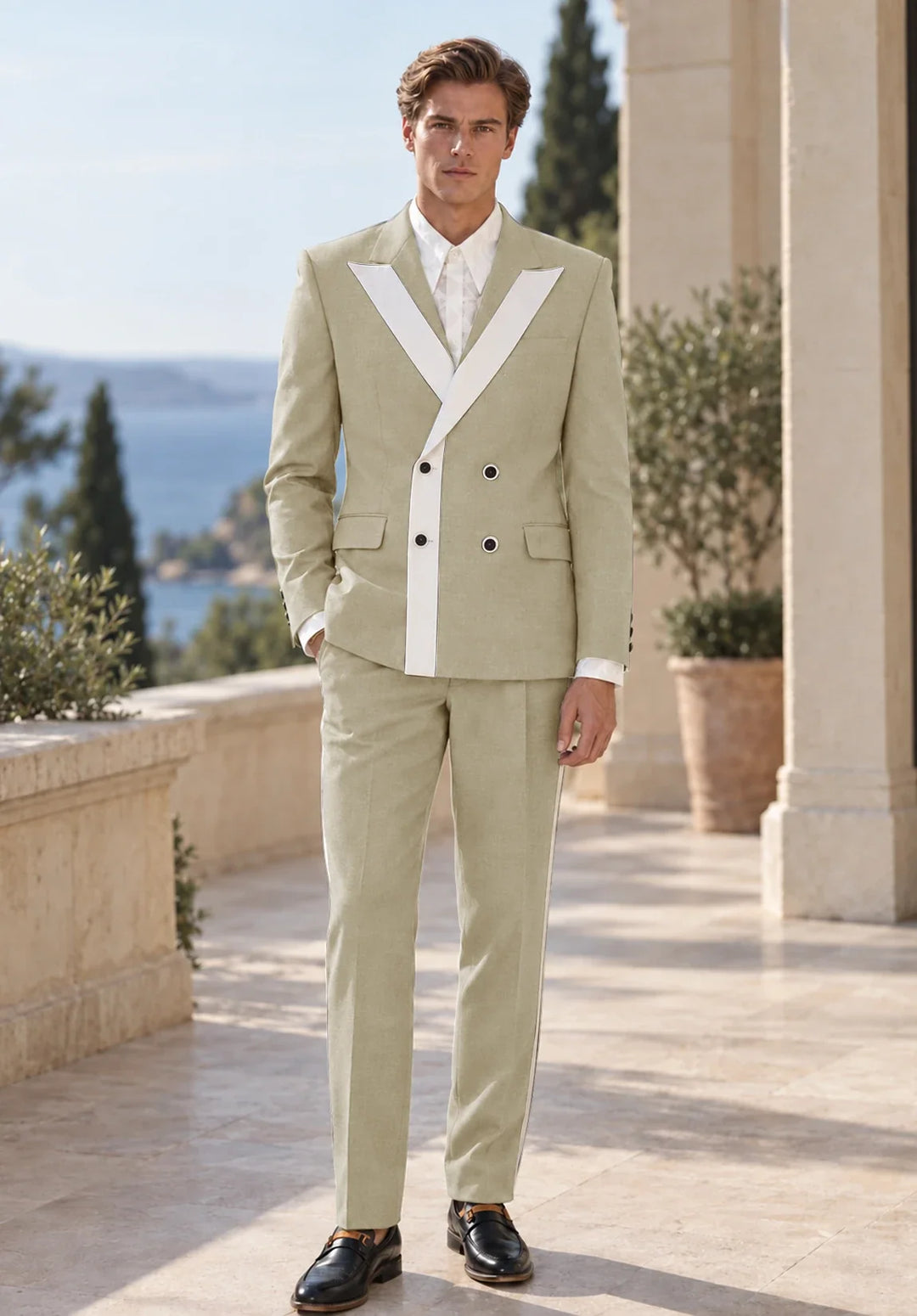 Costume Deux Pièces Homme Coupe Slim avec Panneau Contrastant en V et Deux Boutons