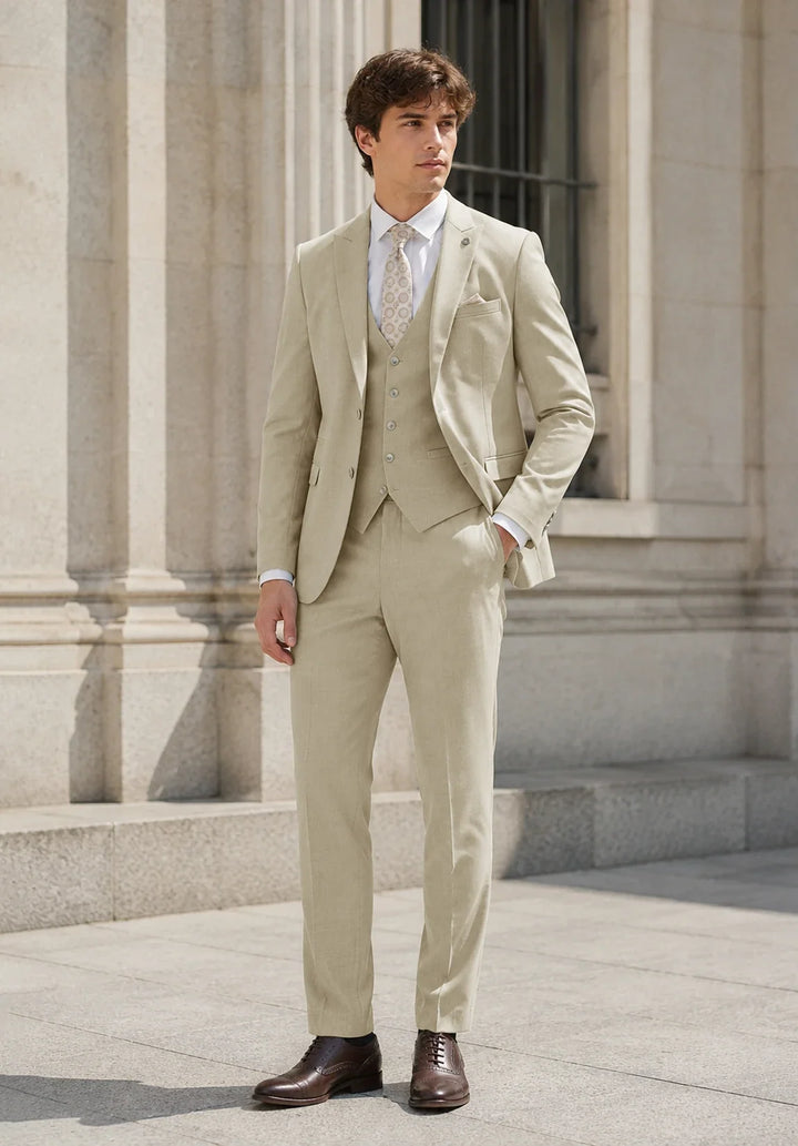 Costume Trois Pièces Homme Coupe Slim avec Col Notch et Gilet Six Boutons