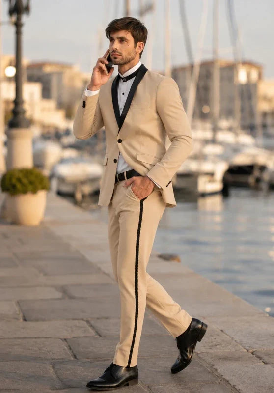 Esmoquin de dos piezas para hombre, corte ajustado, con solapa de chal en contraste y pantalón con banda lateral