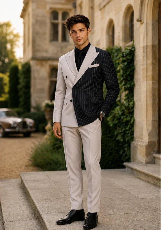 Men’s Two-Piece Striped Suit with Double-Breasted Jacket and Wide Peak Lapels