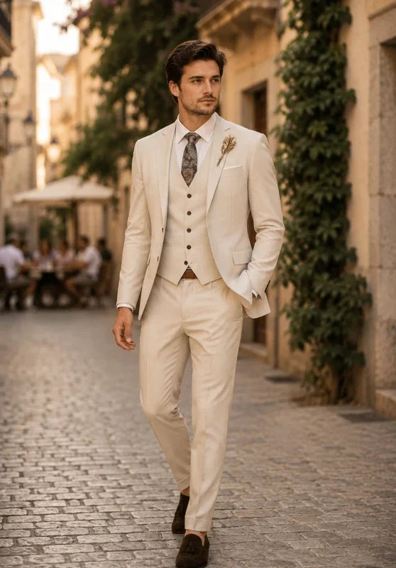Costume Trois Pièces Homme Coupe Slim avec Col Notch et Gilet Col V