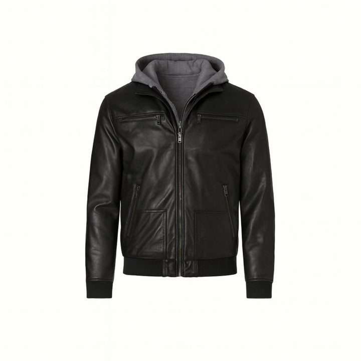Herenleren jas met afneembare capuchon