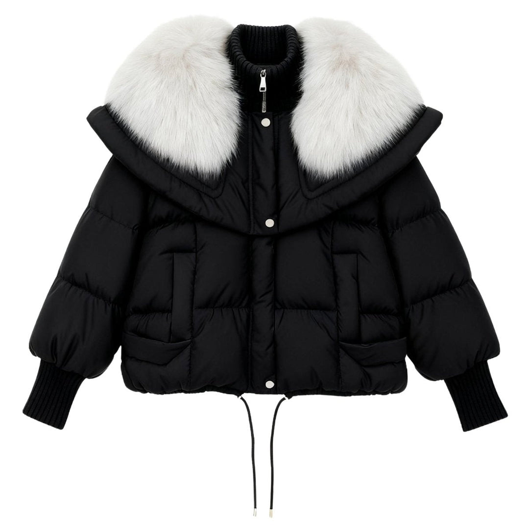 Piumino da donna con collo oversize in vera pelliccia di volpe