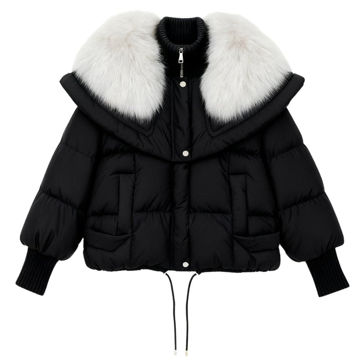 Piumino da donna con collo oversize in vera pelliccia di volpe