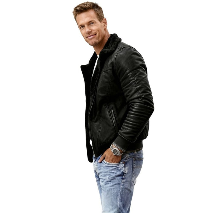 Men's Aviator Jacket Lined with Sherpa and Faux Fur Collar