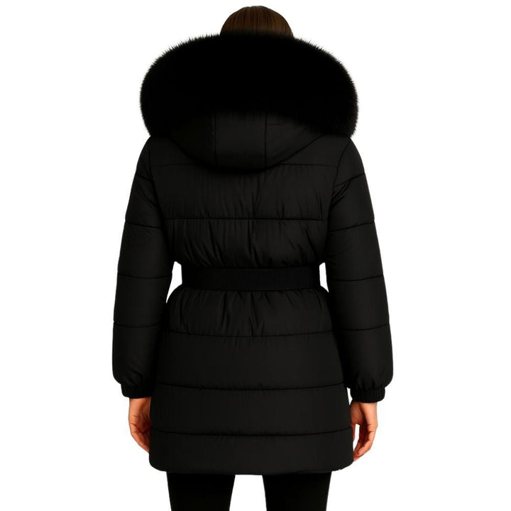 Doudoune Longue Femme Ceinturée à Capuche en Fourrure de Renard Véritable
