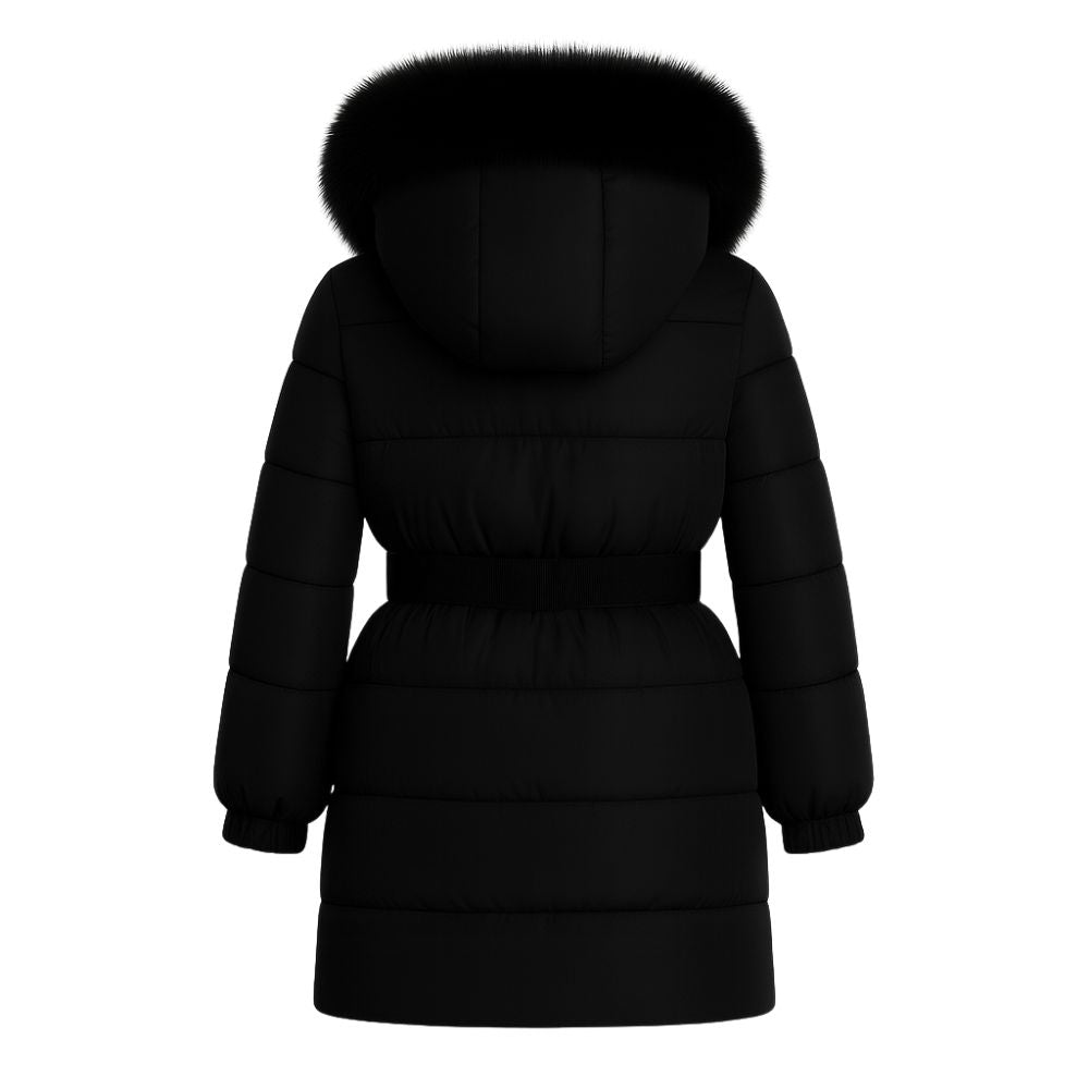 Doudoune Longue Femme Ceinturée à Capuche en Fourrure de Renard Véritable