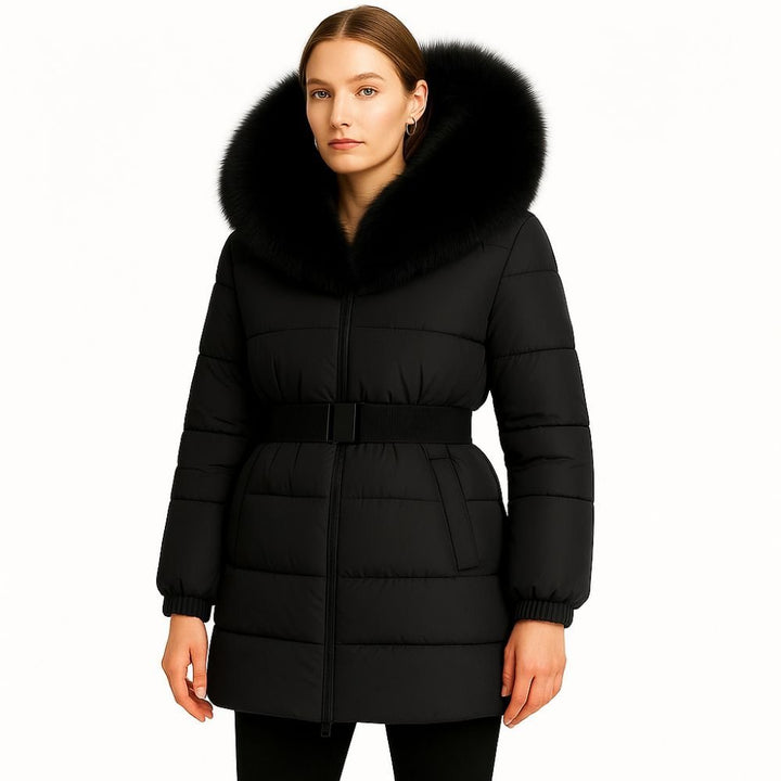 Doudoune Longue Femme Ceinturée à Capuche en Fourrure de Renard Véritable