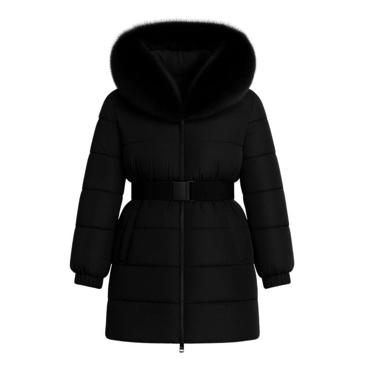 Doudoune Longue Femme Ceinturée à Capuche en Fourrure de Renard Véritable
