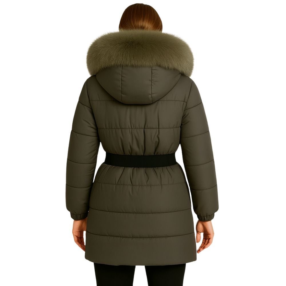 Doudoune Longue Femme Ceinturée à Capuche en Fourrure de Renard Véritable