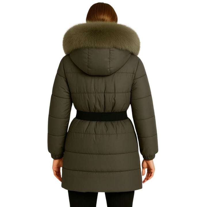 Doudoune Longue Femme Ceinturée à Capuche en Fourrure de Renard Véritable