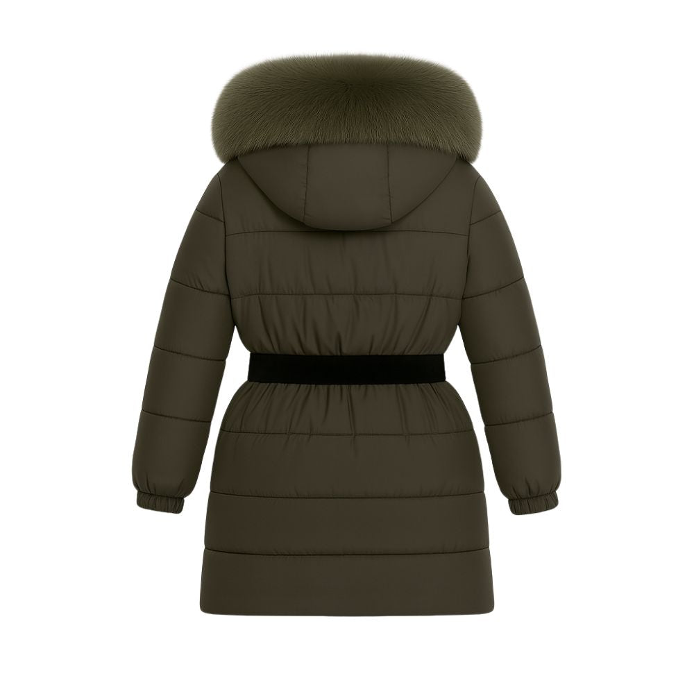 Doudoune Longue Femme Ceinturée à Capuche en Fourrure de Renard Véritable