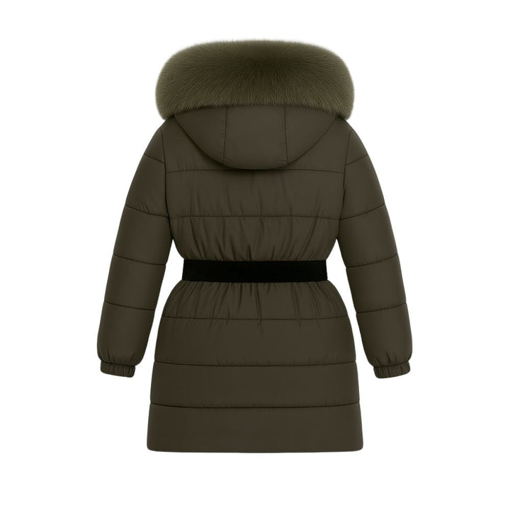Doudoune Longue Femme Ceinturée à Capuche en Fourrure de Renard Véritable