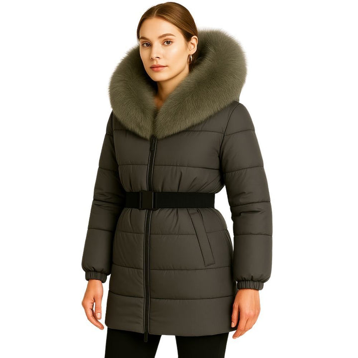 Doudoune Longue Femme Ceinturée à Capuche en Fourrure de Renard Véritable