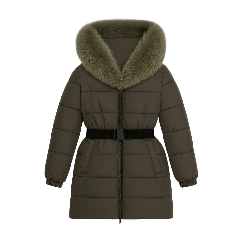 Doudoune Longue Femme Ceinturée à Capuche en Fourrure de Renard Véritable