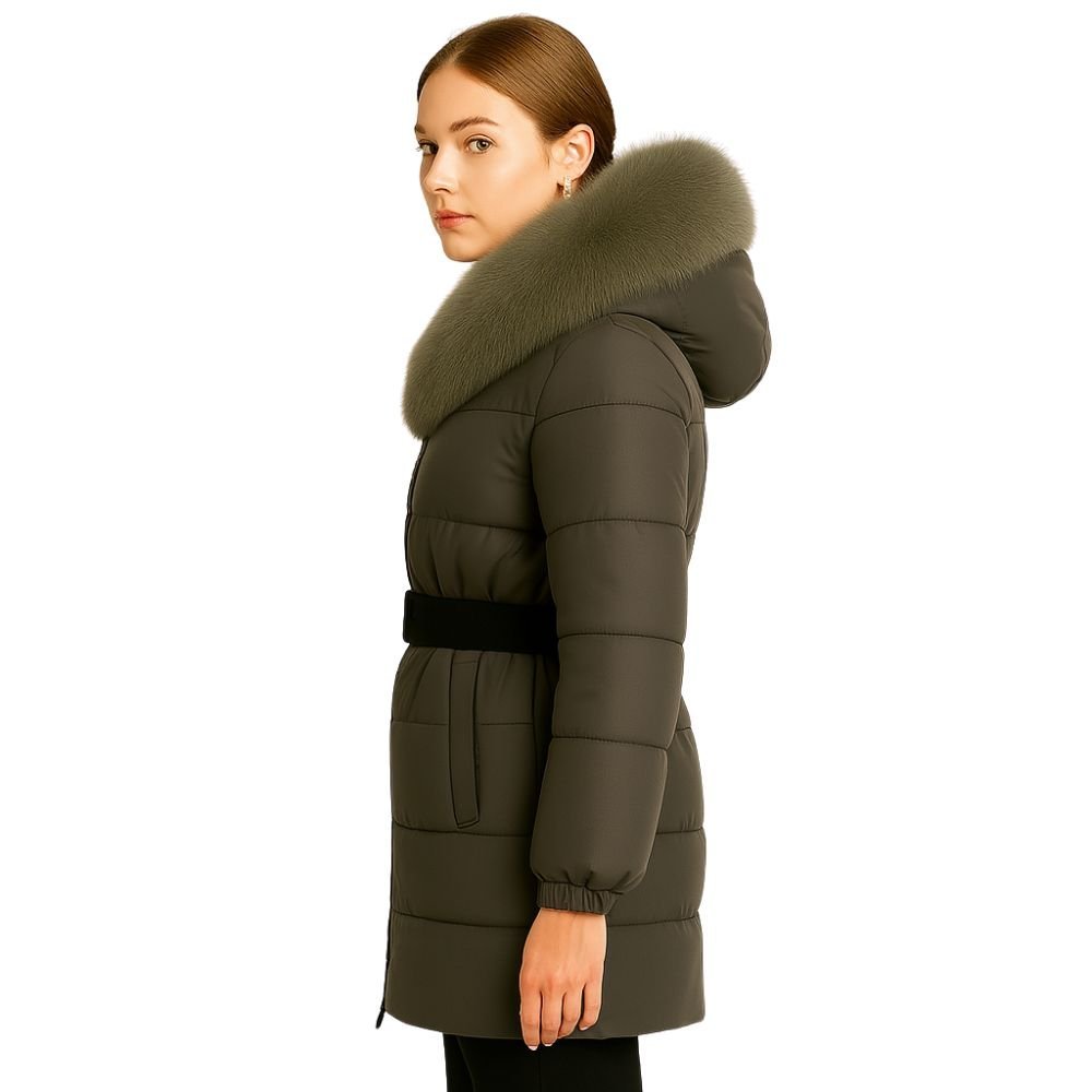 Doudoune Longue Femme Ceinturée à Capuche en Fourrure de Renard Véritable