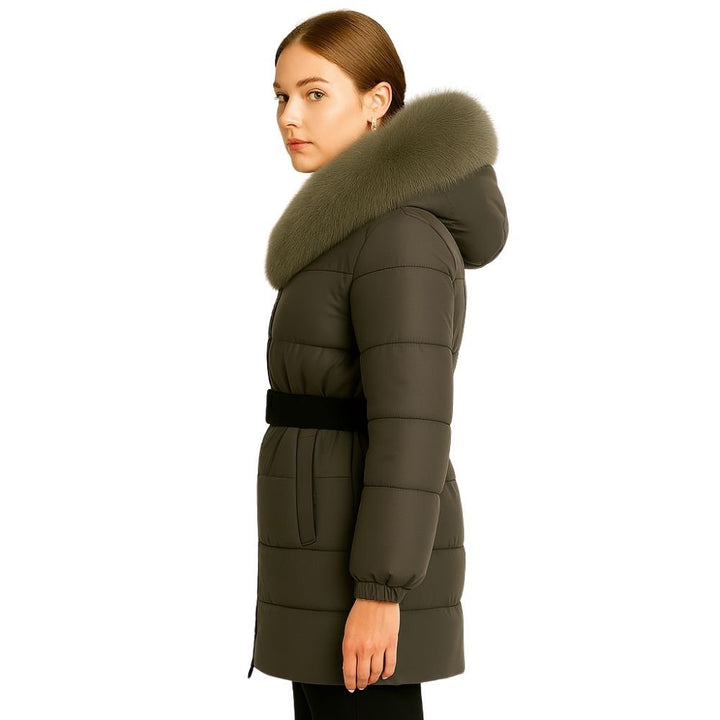 Doudoune Longue Femme Ceinturée à Capuche en Fourrure de Renard Véritable